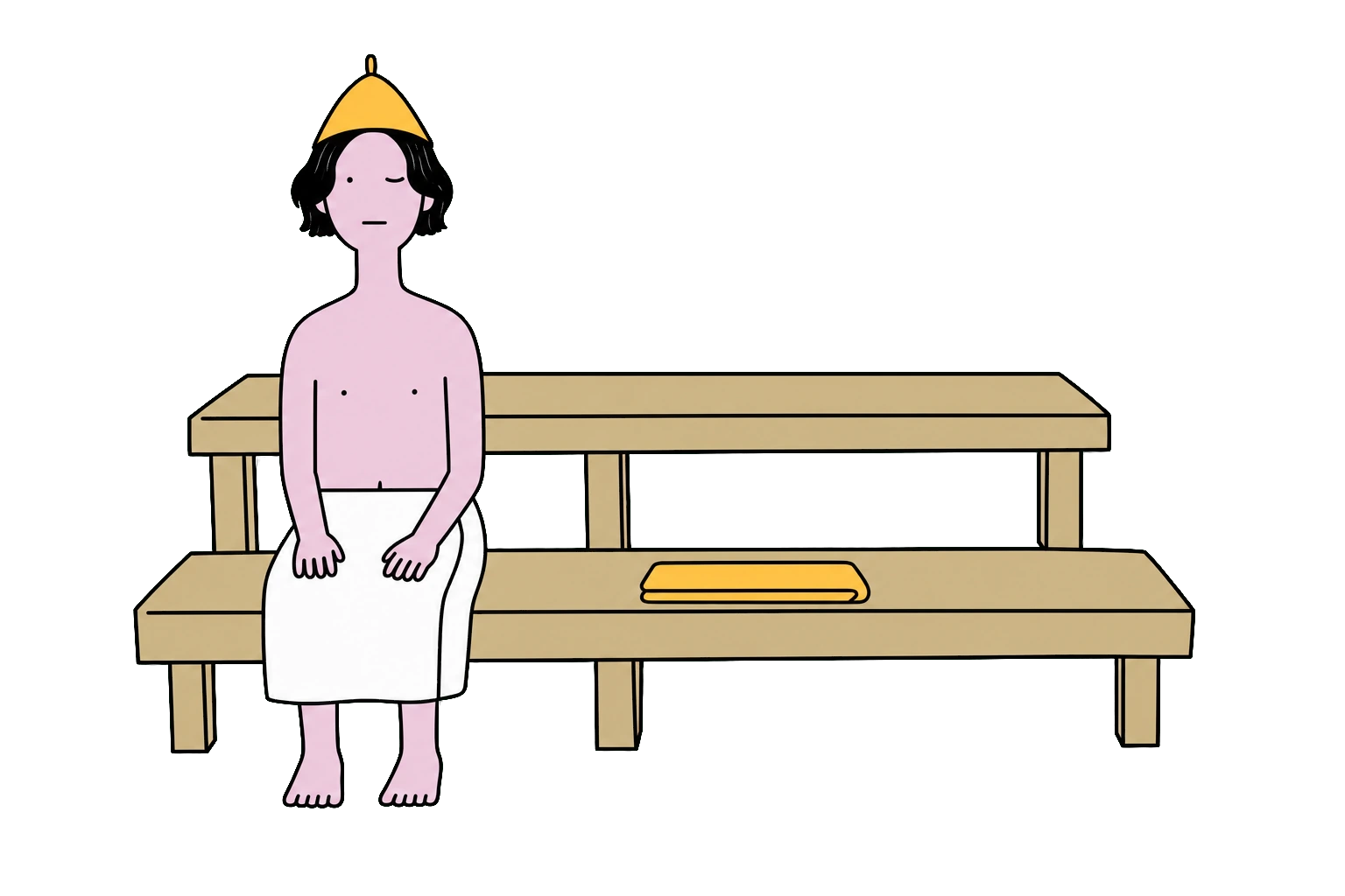 サウナのベンチに李がひとりで座っている。となりの席にはマットが1枚置いてある